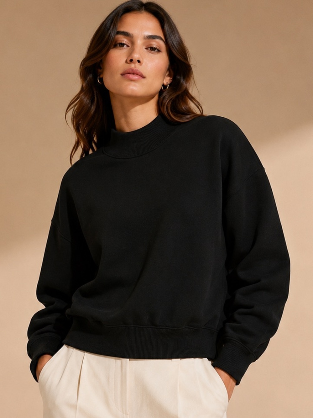 In New Black Mock Neck Sweatshirt Size L Minimalist Oversized Cozy Pullover
